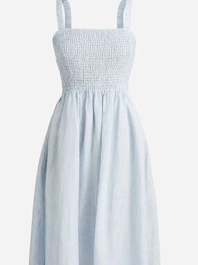 J Crew Smocked Linen/Cotton Beach Dress, Blue and White Striped